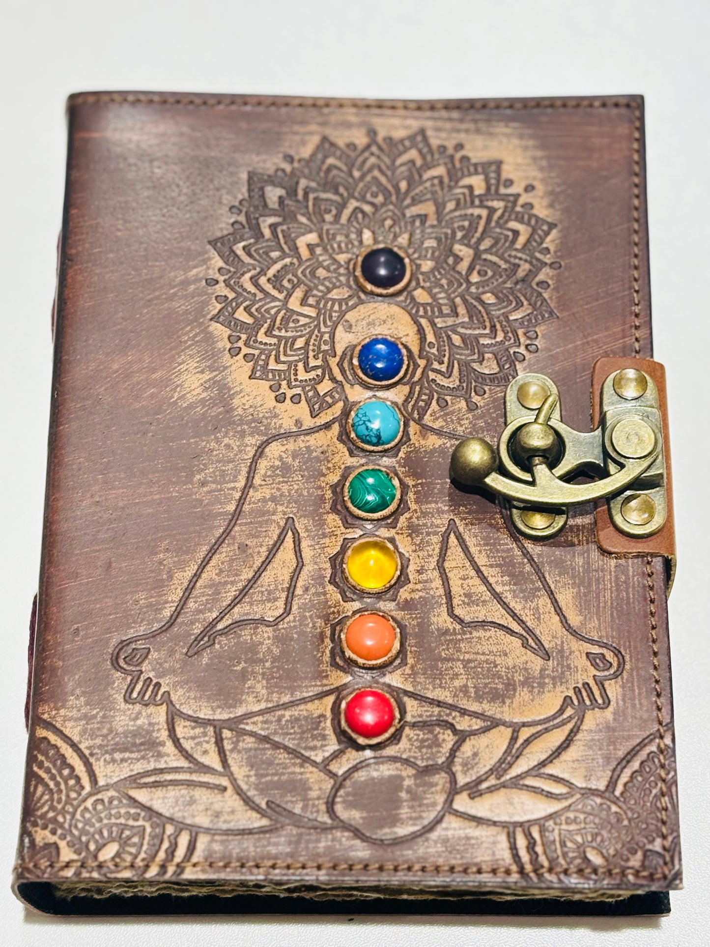 7 Chakras Embossed Leather Journal with Stones (5″ x 7″)