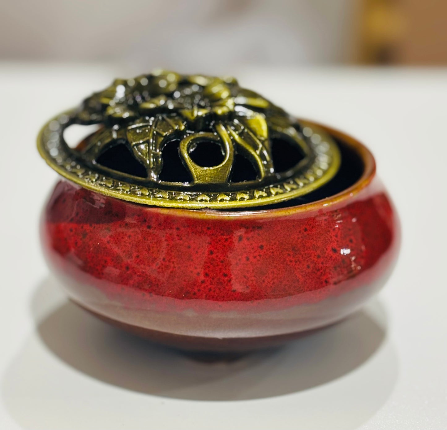 3″ Red Incense Burner Bowl with Brass Lid