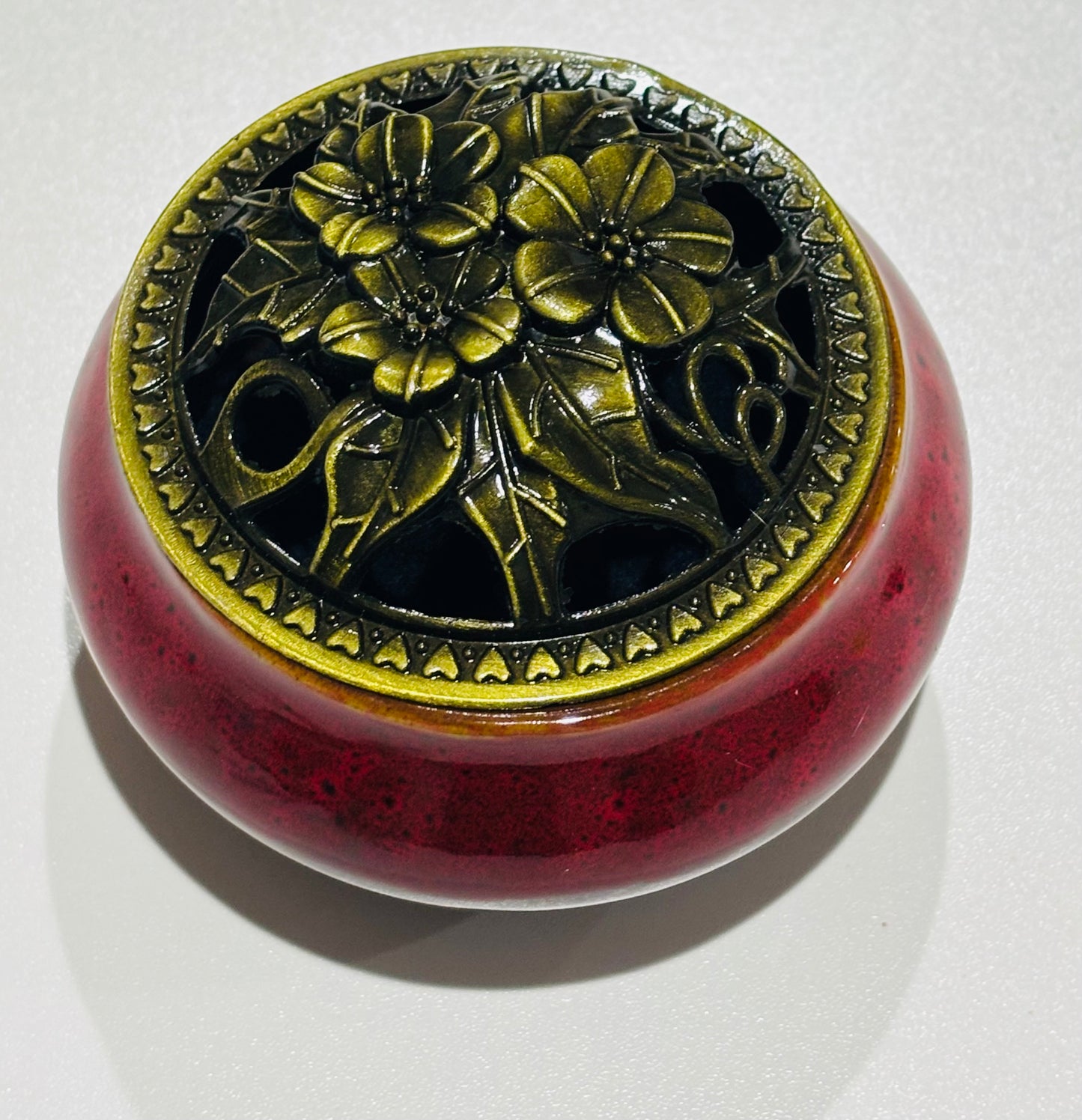 3″ Red Incense Burner Bowl with Brass Lid